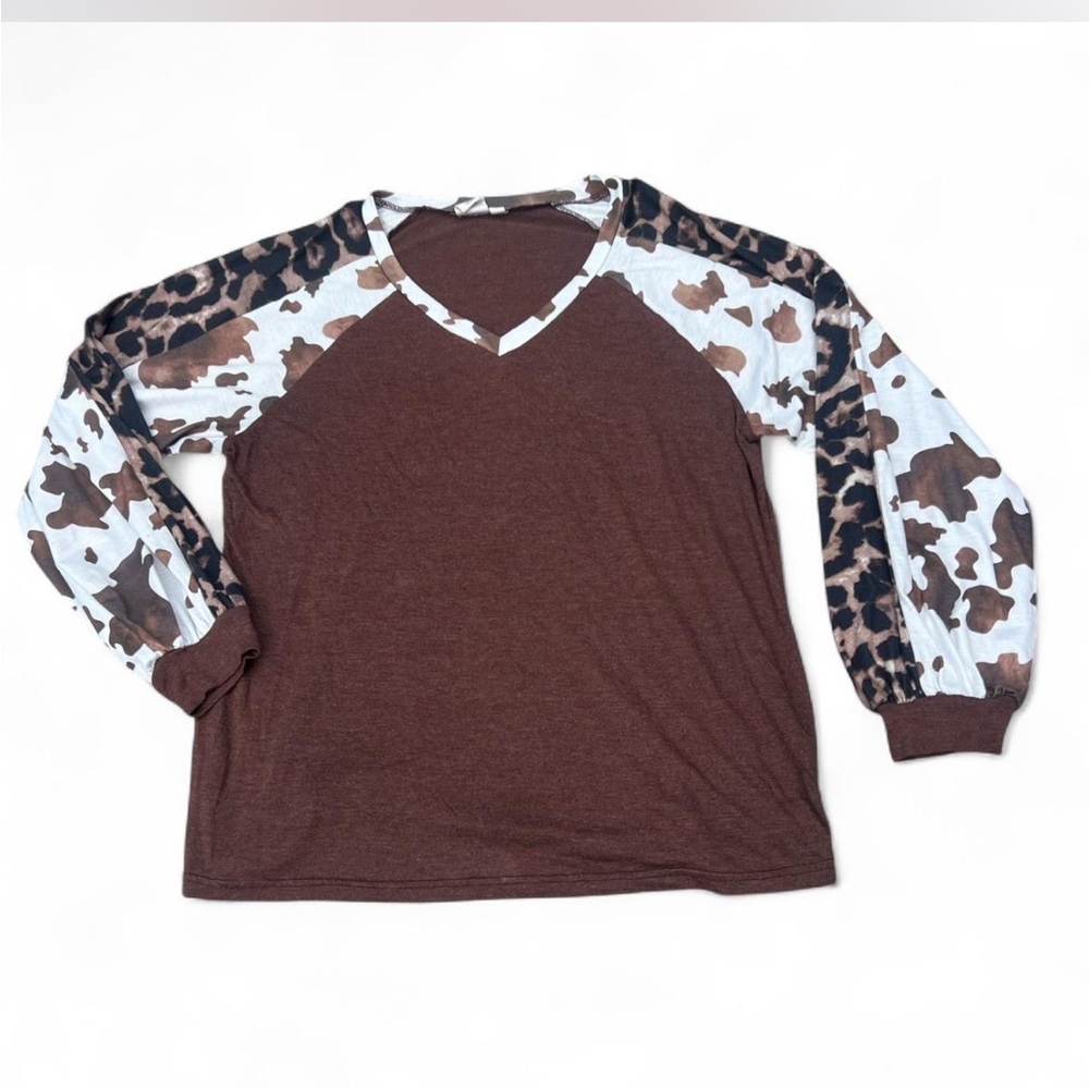 Brown and White Womans Shirt with Animal Print Sleeves
